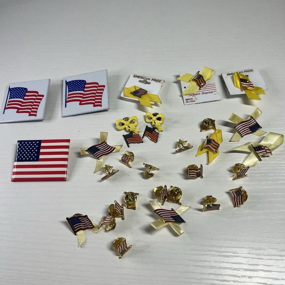 Lot of 25+ Vintage US American Flag Lapel Pins Patriotic Enamel Yellow Ribbon